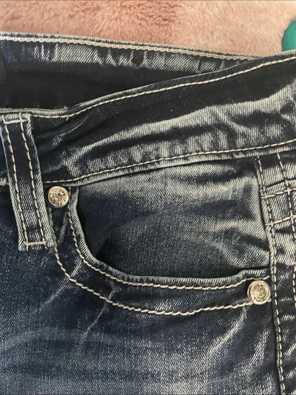 Fleur. Miss Me Embellished Blue Denim Jeans Rhinestone,Sequin Cross Designed Y2K